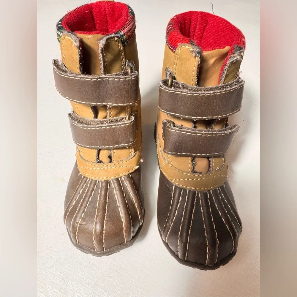 GAP Duck‎ Boots Infant Toddler Sz 6 Baby Boy Brown Red Tartan Plaid Tan Brown